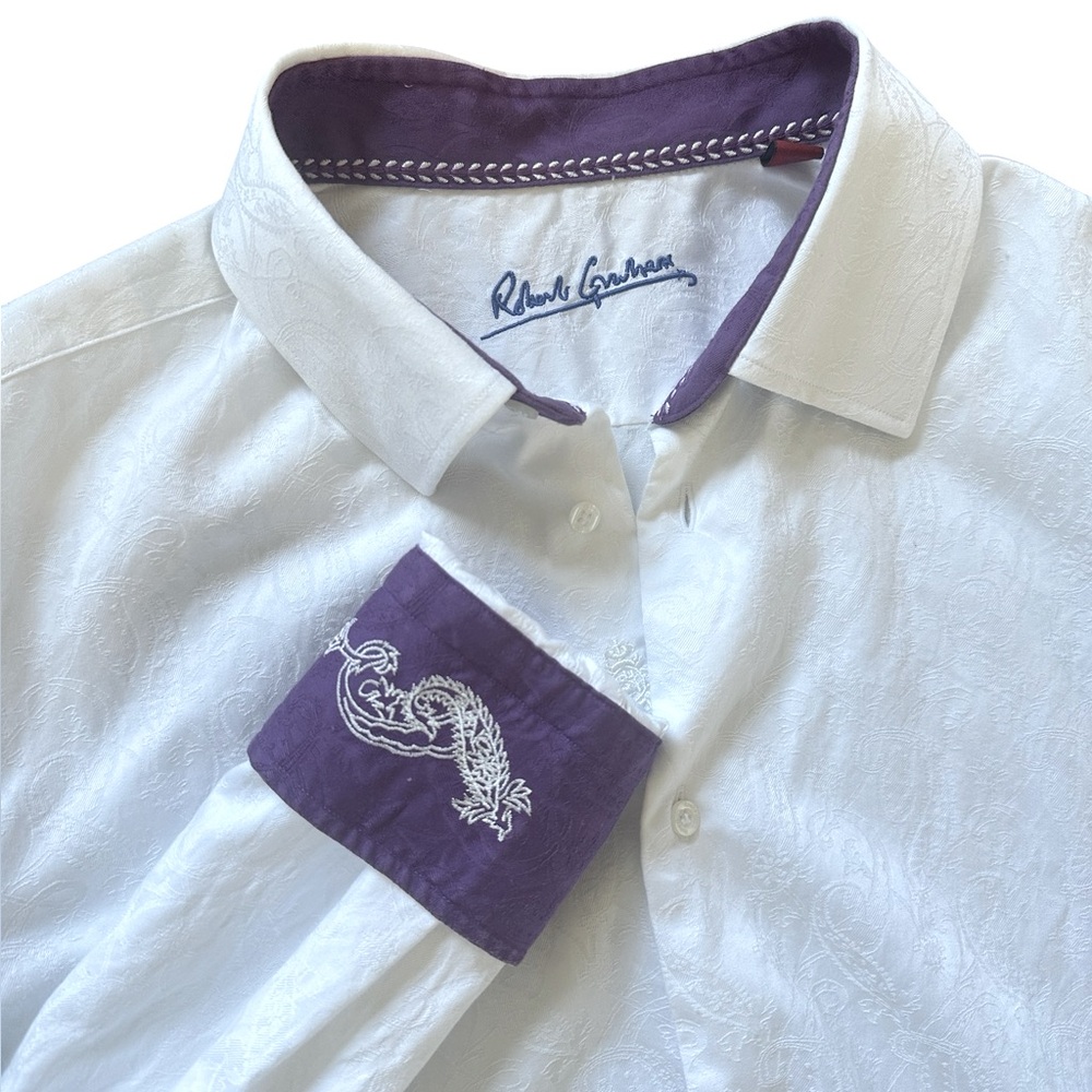 ROBERT GRAHAM white on white paisley button up shirt w/purple accents 43/17 L/XL